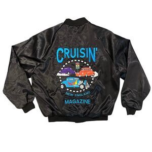 Vintage Cruisin New England Magazine Jacket Mens Large Satin Bomber Car 90s